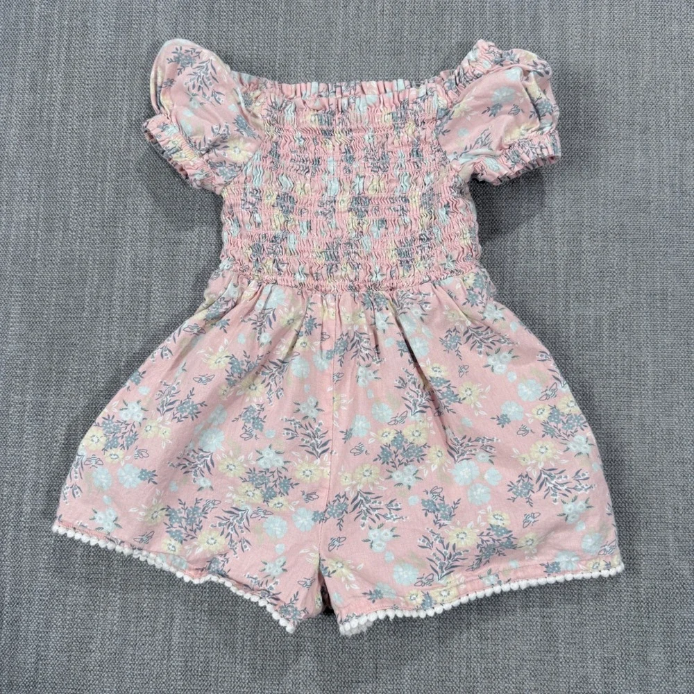 Joie Kids Pink Floral Smocked Romper Pom Pom Trim Size 3T Summer Boho
